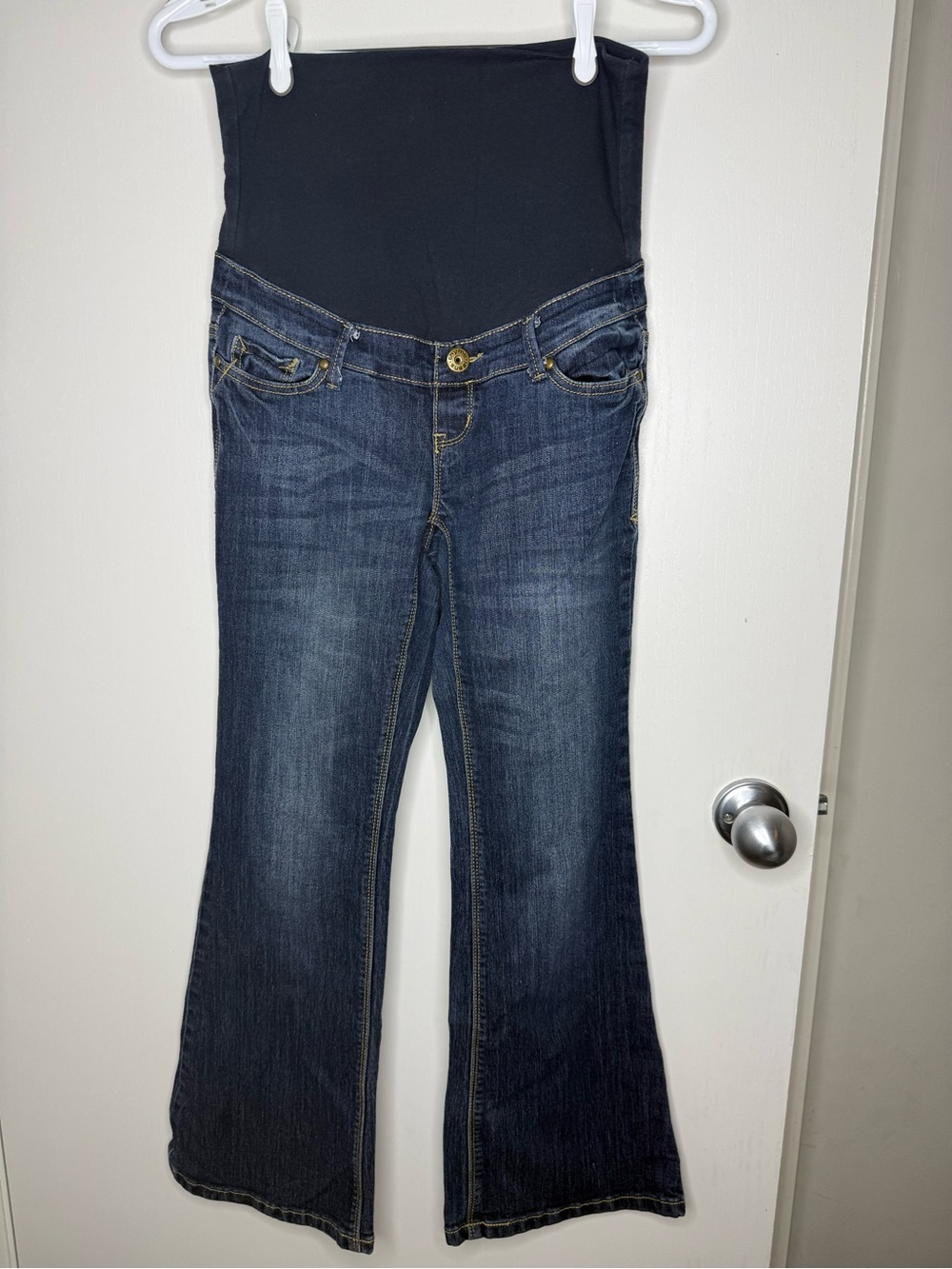 Thyme Dark Blue Maternity Flared Jeans with Black Stretch Waistband